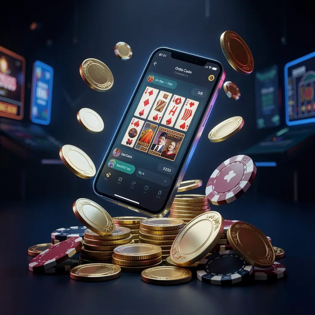 87DB online casino app promotion banner showing a phone floating above golden coins and poker chips with a dark blue and black background and cinematic neon glow in a realistic 3D render
