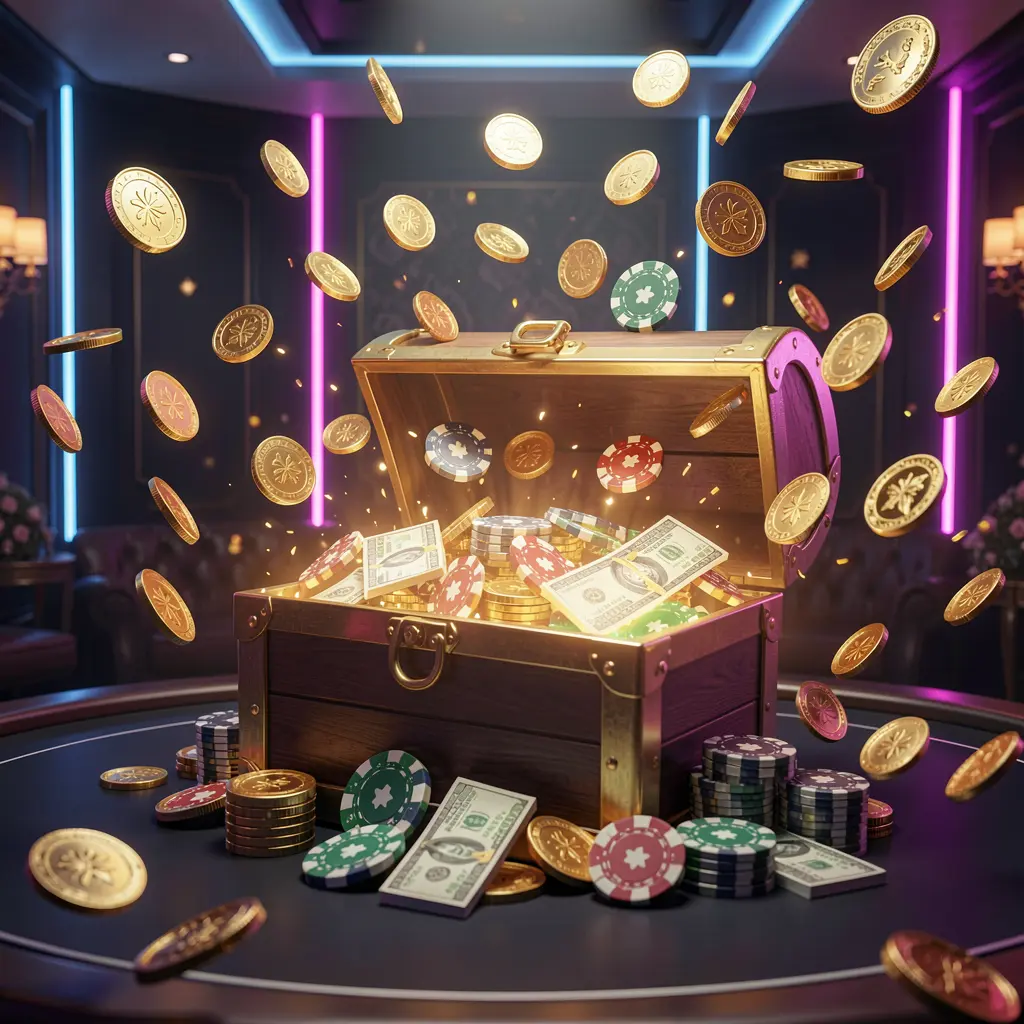A premium online casino bonus hero banner by 87DB featuring golden coins flying in the air and a glowing treasure chest filled with chips and cash against a luxury dark background with neon accents, creating a festive and elegant casino atmosphere with high detail and cinematic lighting in a 3D realistic render