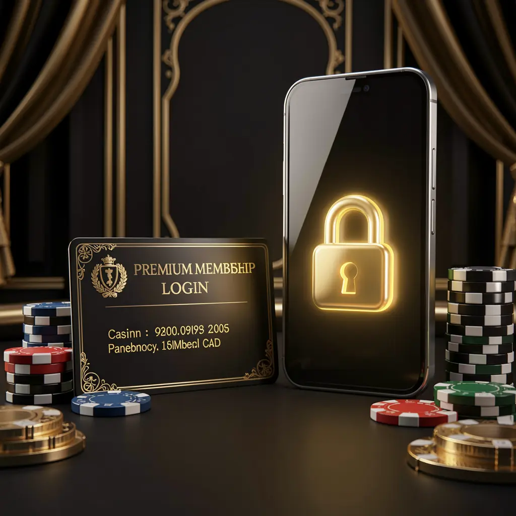 87DB casino member login concept featuring a premium membership card beside a smartphone with a glowing lock symbol, poker chips and coins on a black and gold luxury background in a realistic 3D illustration