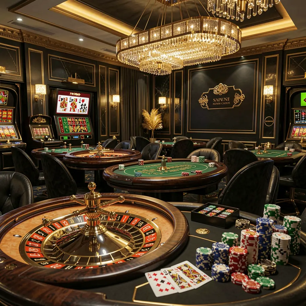 87DB luxury online casino lobby with glowing roulette tables, golden lights, poker chips and cards in a premium black and gold design