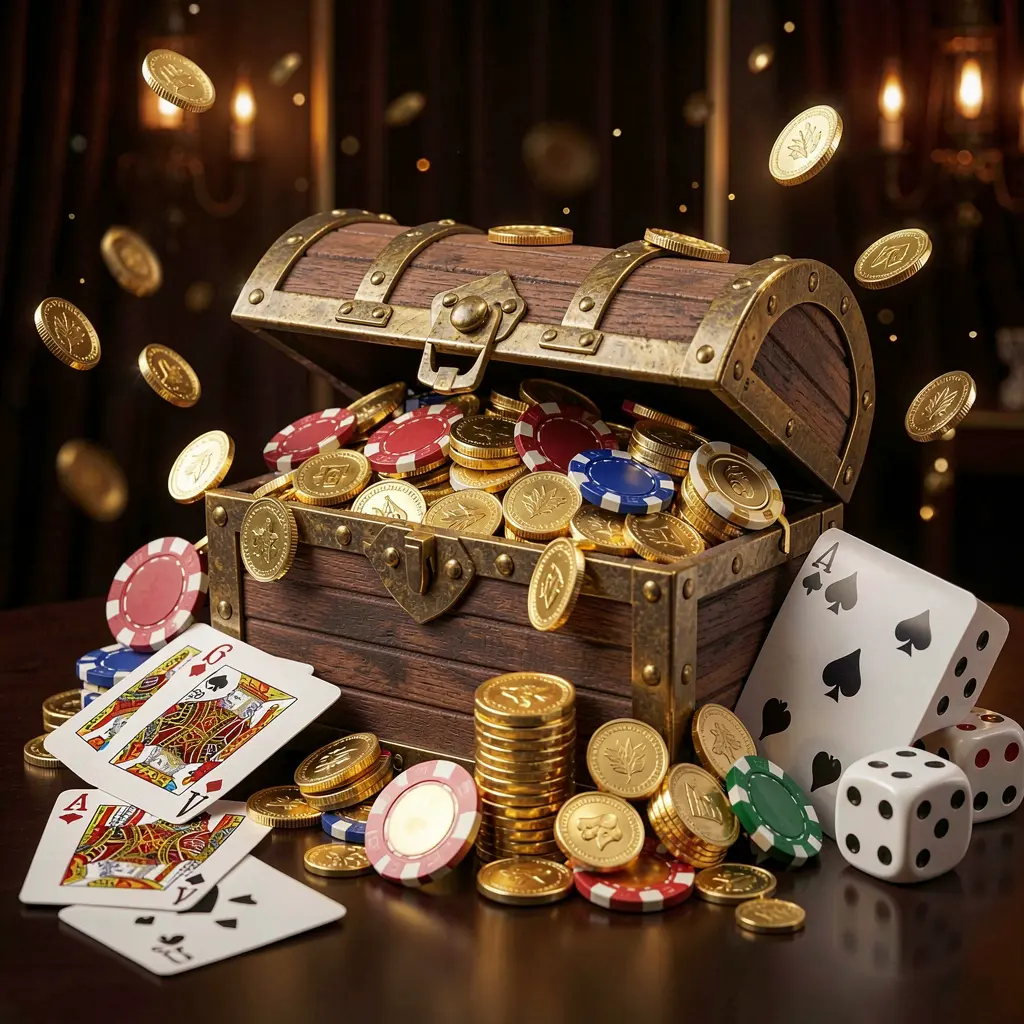 87DB online casino welcome banner featuring a treasure chest filled with golden coins and casino chips, playing cards and dice nearby against a dark luxury background with a festive premium atmosphere